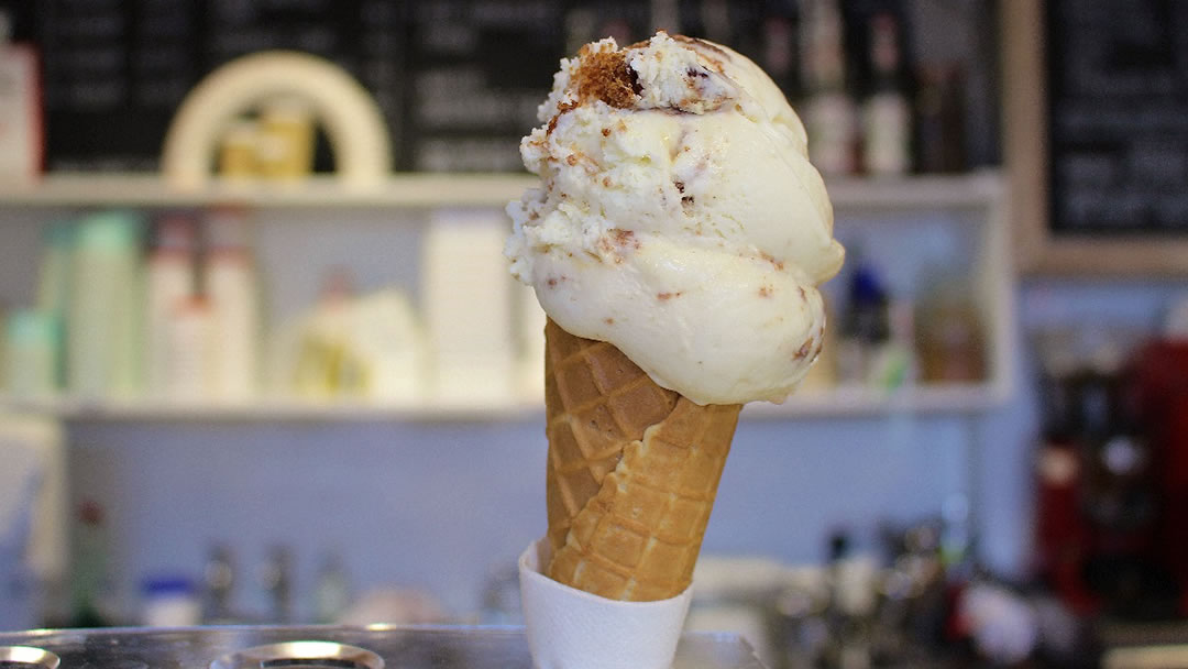 Sticky toffee flavoured ice cream in a waffle cone from Portsoy Ice Cream