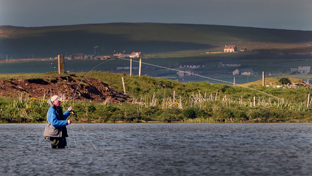 Wading the shore, fishing in Orkney