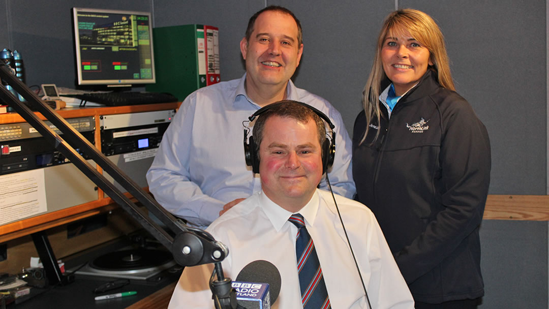 John Johnston from BBC Radio Shetland, Jane Leask from NorthLink and Aubrey Jamieson from the Shetland Fishermen’s Mission record the Hjaltland and Hrossey safety announcement