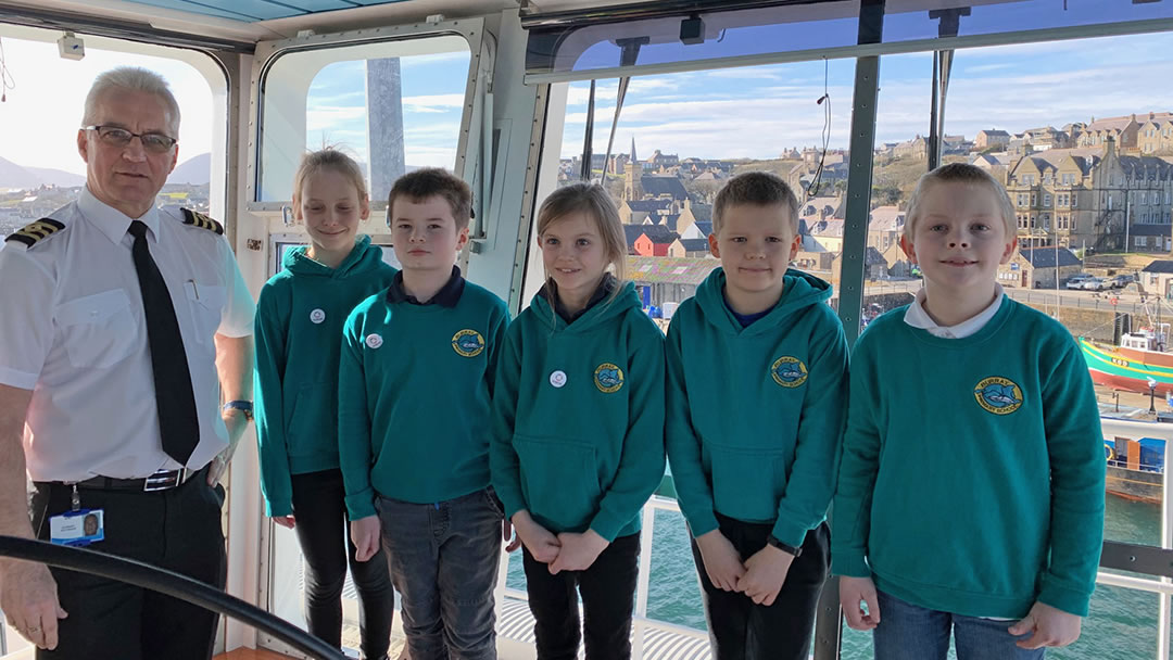 Primary school pupils on board MV Hamnavoe for Fairtrade Fortnight