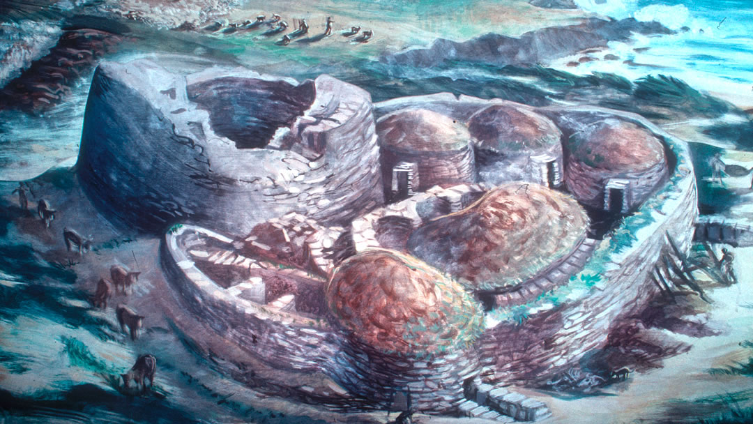 Artist's depiction of Jarlshof, Shetland in the past