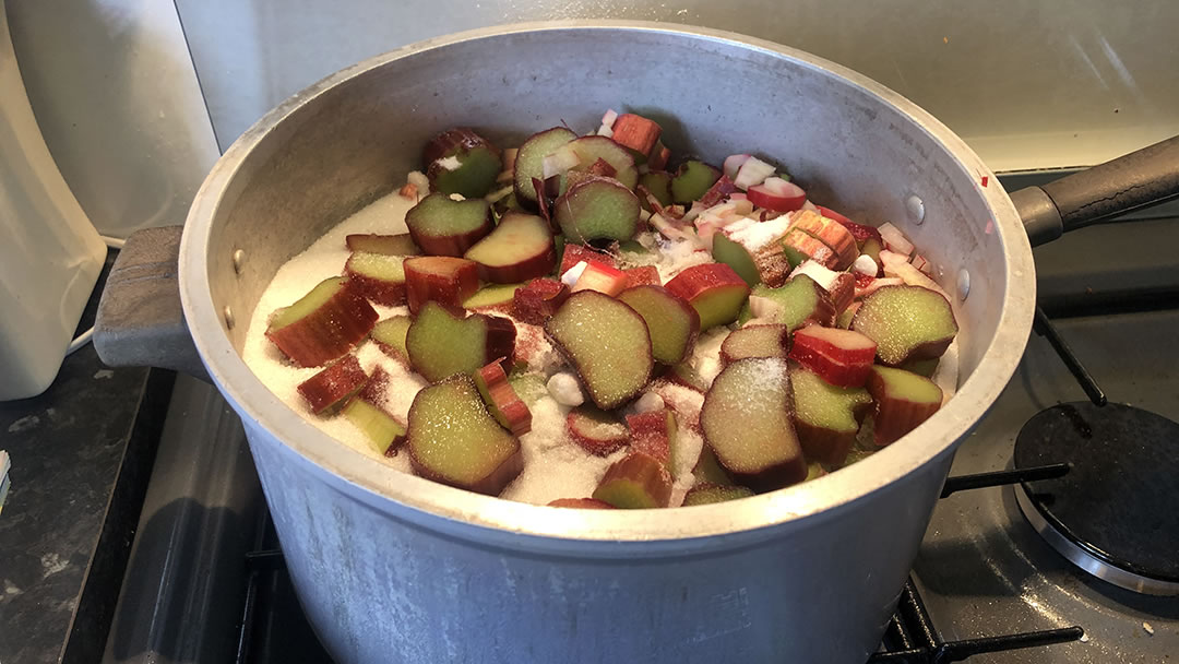 Rhubarb in a pot with sugar