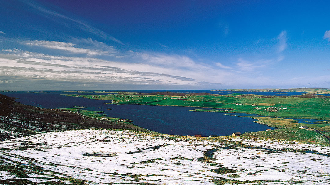 Snowy morning and Whiteness Voe viewed from Wormadale, Shetland