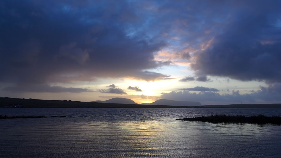 Stenness loch in Orkney at sunset