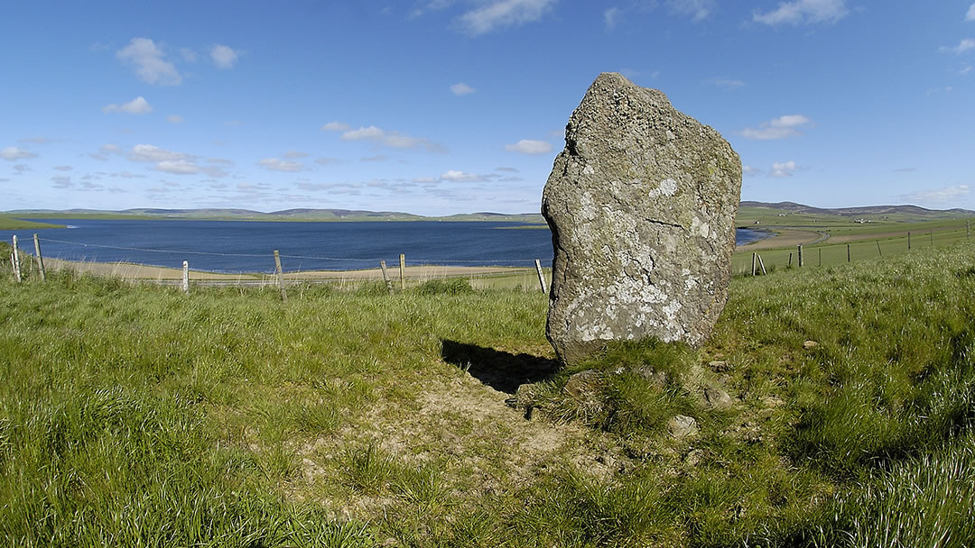 The Deepdale Stone overlooking the Loch of Stenness in Orkney
