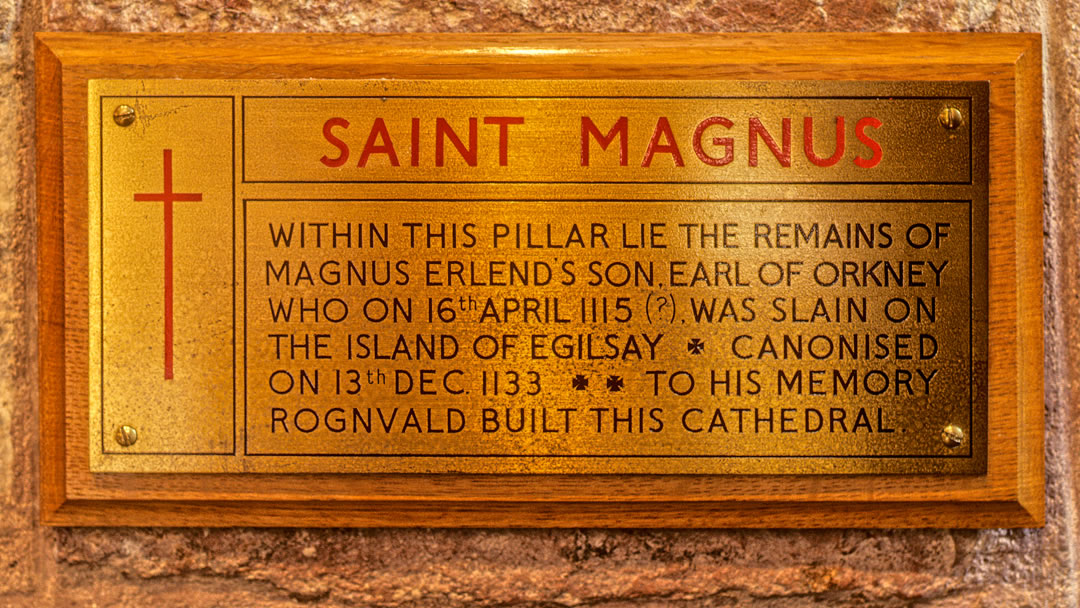 The plaque marking the spot where St Magnus is buried in the Cathedral