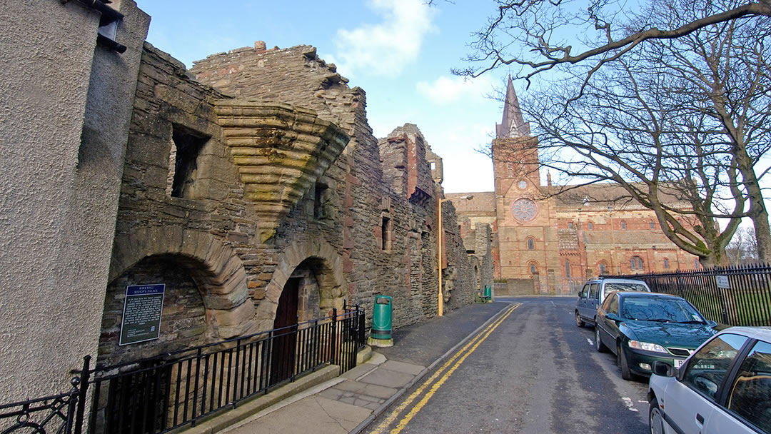 The exterior of the Bishop's Palace and St Magnus Cathedral in Kirkwall, Orkney