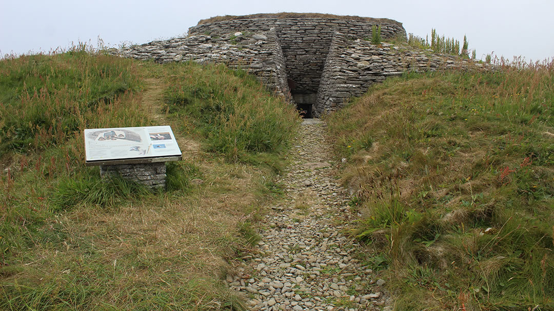 Quoyness chambered tomb exterior in Sanday, Orkney