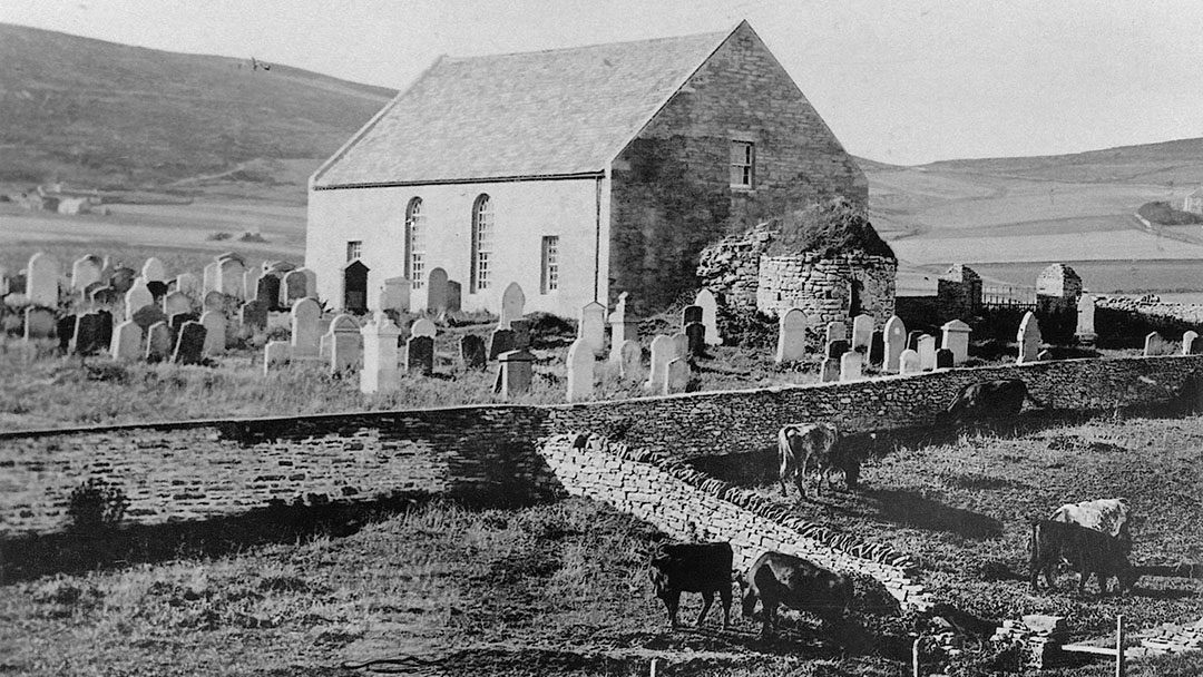 The Round Kirk in Orphir and newer church, now demolished, in Orkney