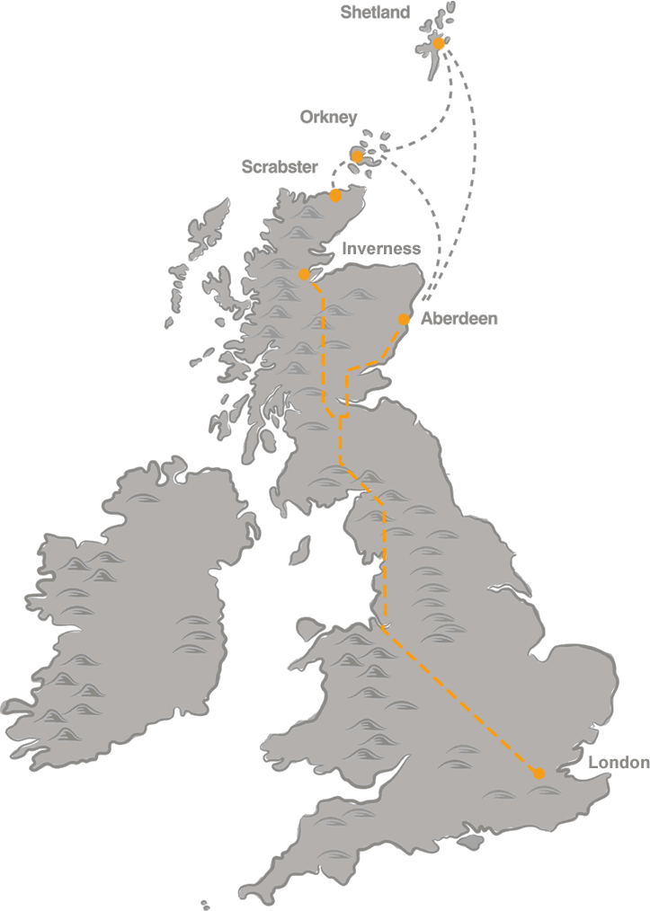 UK map showing Sleeper and NorthLink routes