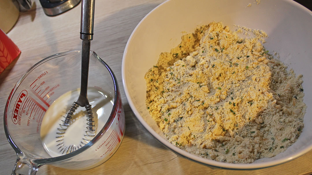 Just about to mix the wet ingredients into the dry cheese scone mix