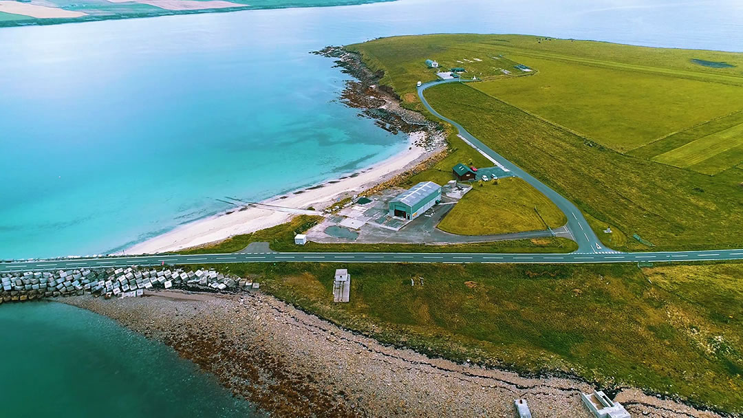 Lamb Holm and J Gow Distillery from the air