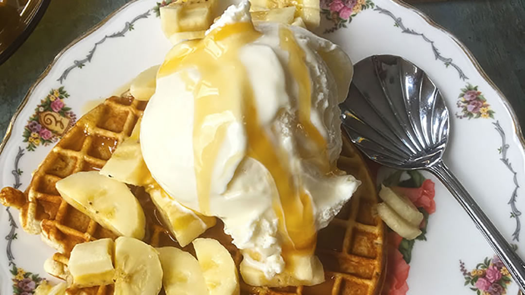 Waffle and Ice Cream in Emily's Ice Cream Parlour, Hoy, Orkney