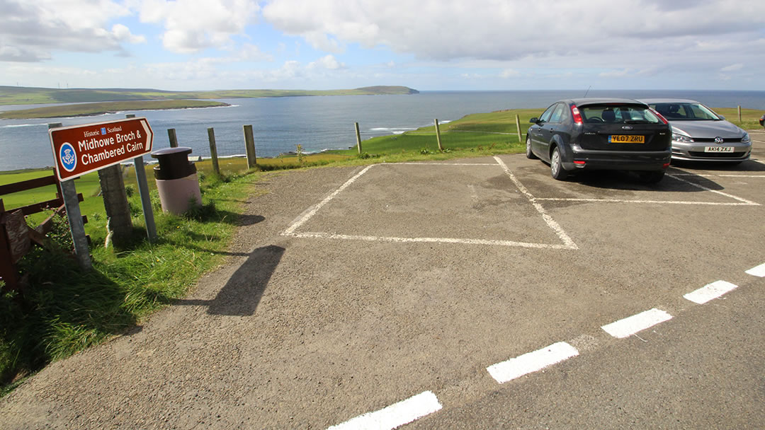 The car park above Midhowe Chambered Cairn and Midhowe Broch, Rousay, Orkney