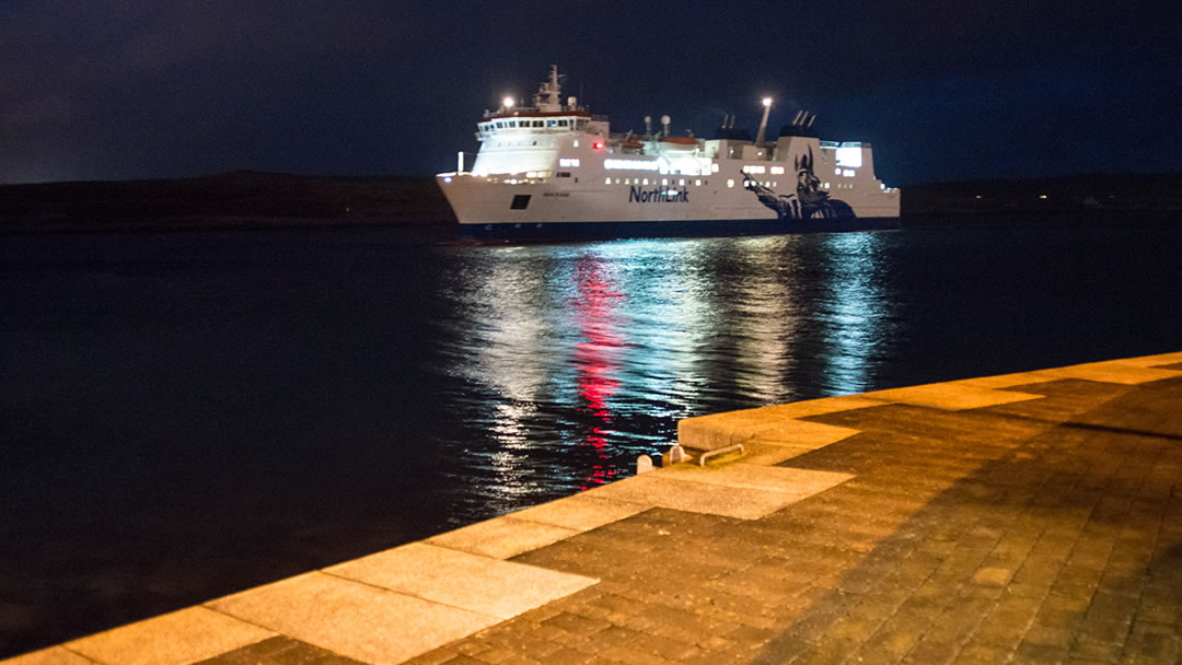 NorthLink vessel MV Hrossey arriving in Shetland in winter