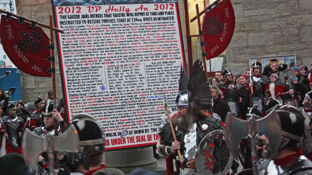 The Up Helly Aa bill is unveiled at the Market Cross, Lerwick, Shetland