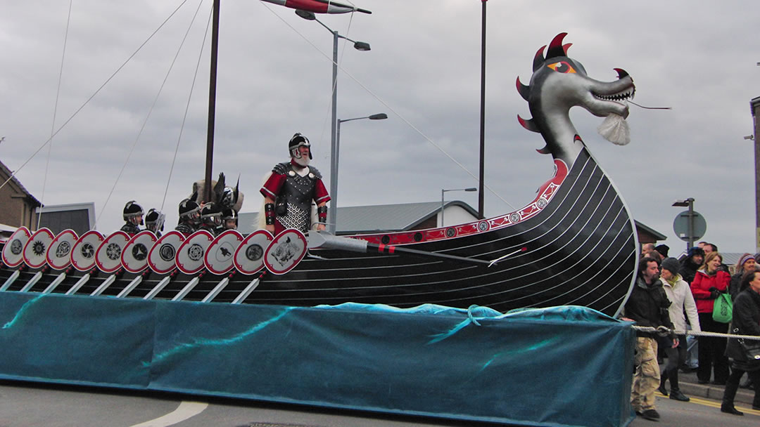 The beautiful Up Helly Aa Longship on parade in Lerwick, Shetland