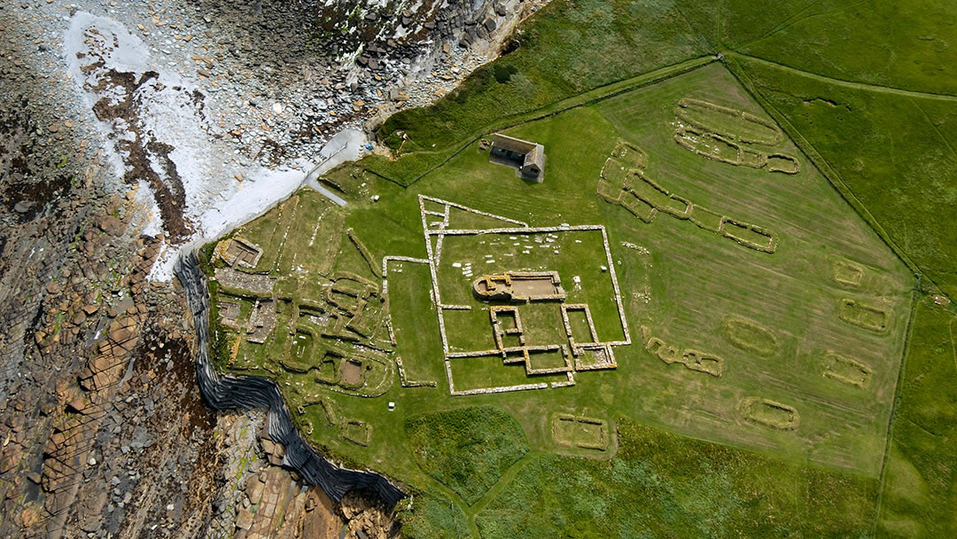 Aerial view of the Pictish and Viking settlement on the Brough of Birsay, Orkney