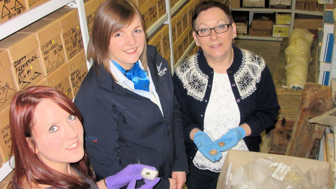 Laurie, Cheryl and Jenny with artefacts from Old Scatness