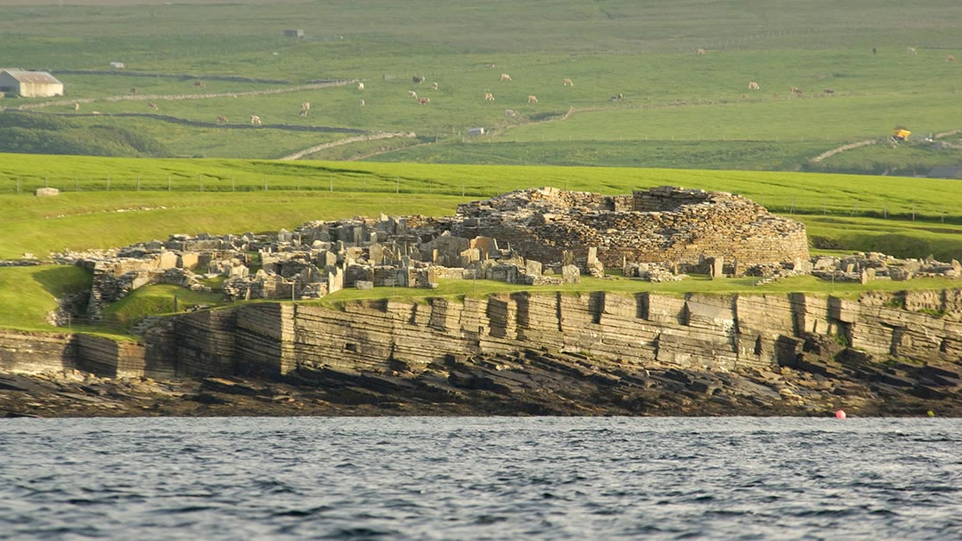 The Broch of Gurness on the coast, viewed from the sea