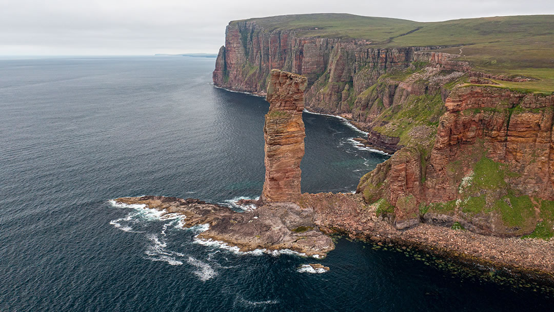 Aerial shot of the Old Man of Hoy in Orkney.