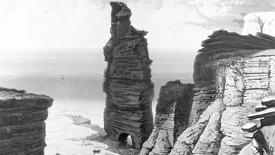 The Old Man of Hoy in 1819 has two legs. Sketch by William Daniell.