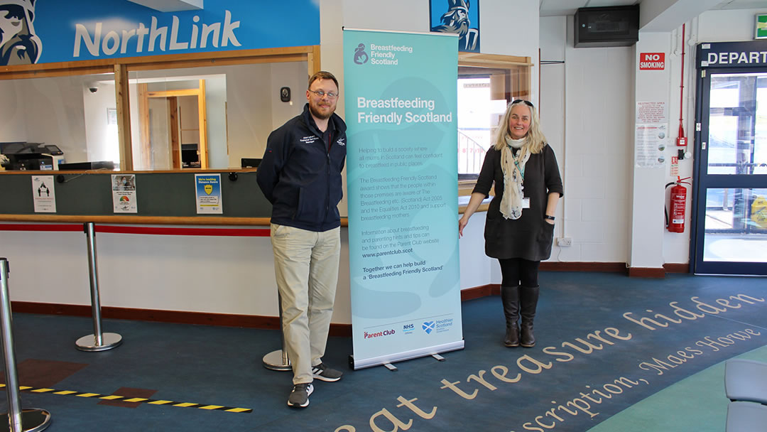 Breastfeeding friendly Scotland - Alex Lebert and Lou Brewer in Stromness Terminal