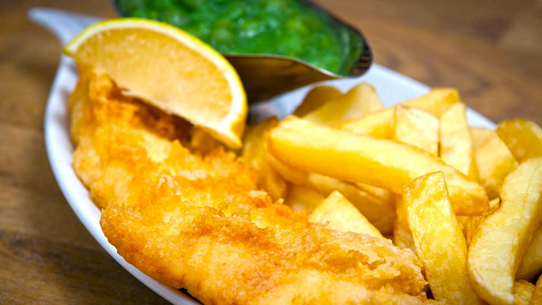 Fish and chips with mushy peas at Frankies Fish and Chip Shop, Shetland