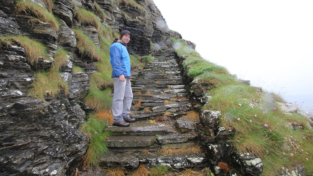 Paul climbing the Whaligoe steps in Caithness