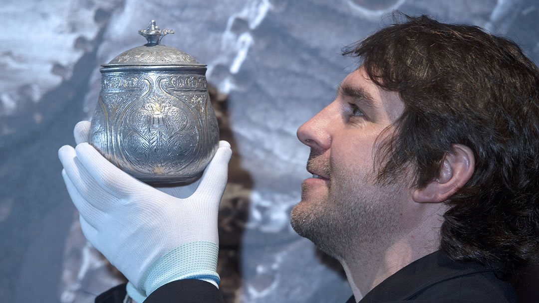 Dr Martin Goldberg with a reproduction of the vessel that contained the Galloway Hoards most precious treasures