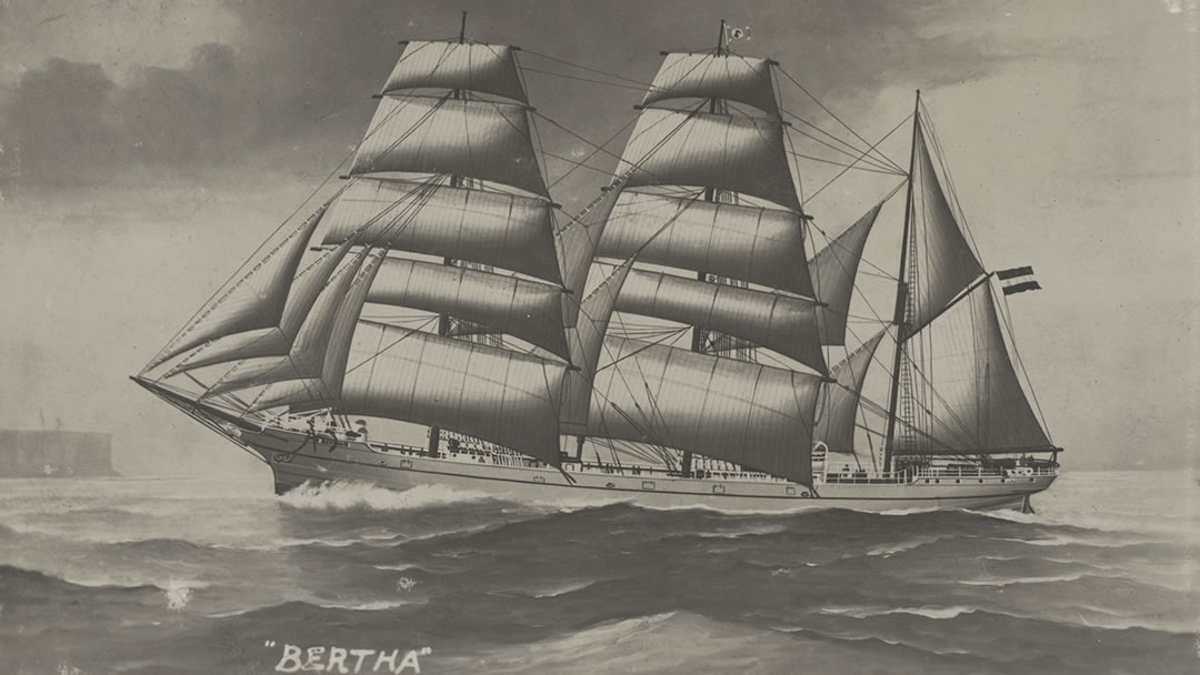 Bertha, three masted barque on full sail on open ocean. 