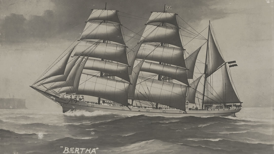 Bertha, three masted barque on full sail on open ocean.