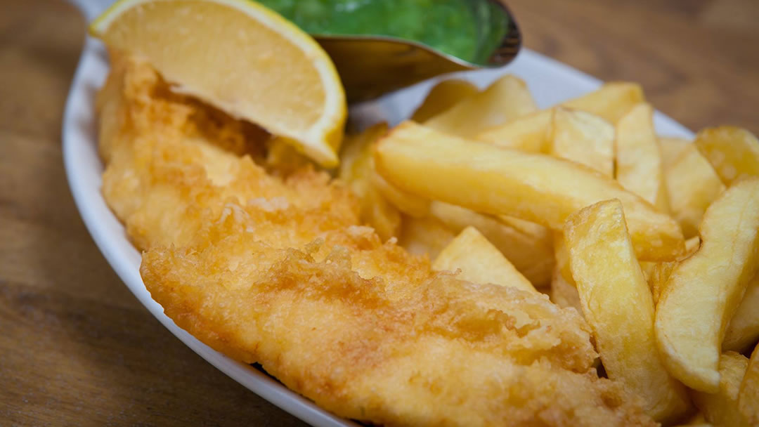 Fish and chips with mushy peas at Frankie's Fish and Chip Shop