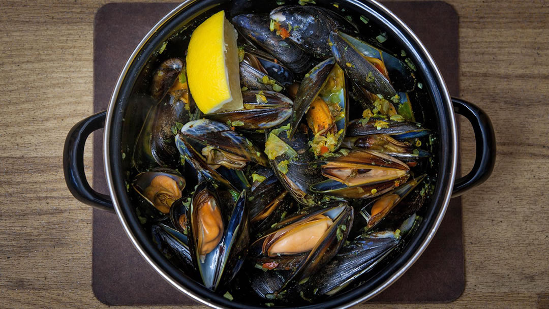 Mussels in a pot at Frankie's Fish and Chip Shop, Shetland