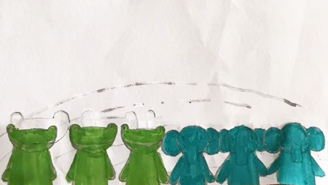 The frogs and elephants together, drawn by Catriona Stevenson