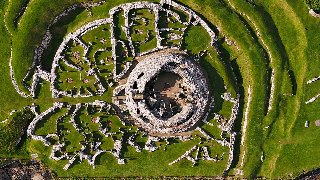 An aerial view of the Broch of Gurness in Orkney