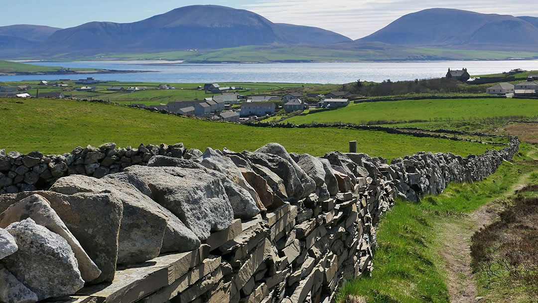 Brinkies Brae and the view of the Hoy hills in Orkney