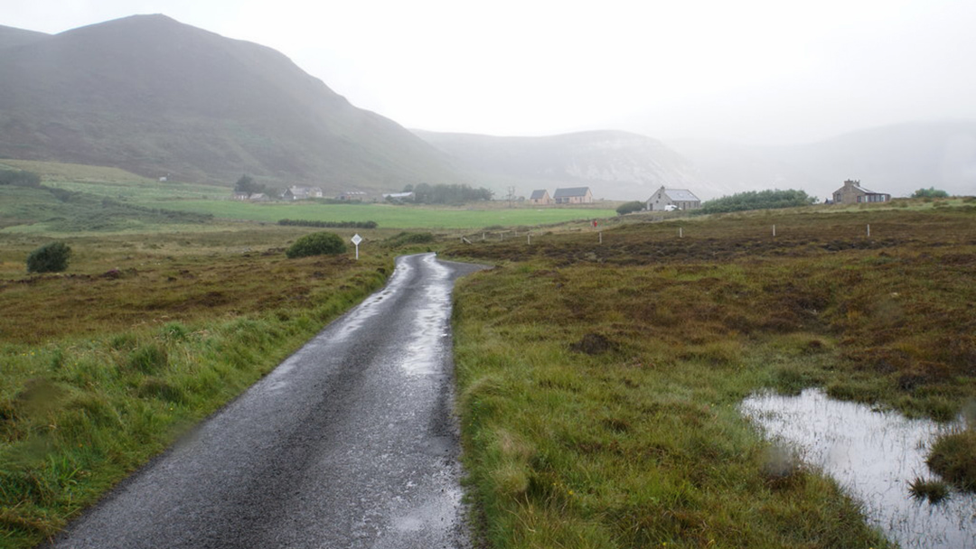 Rainy driving conditions in Rackwick, Orkney