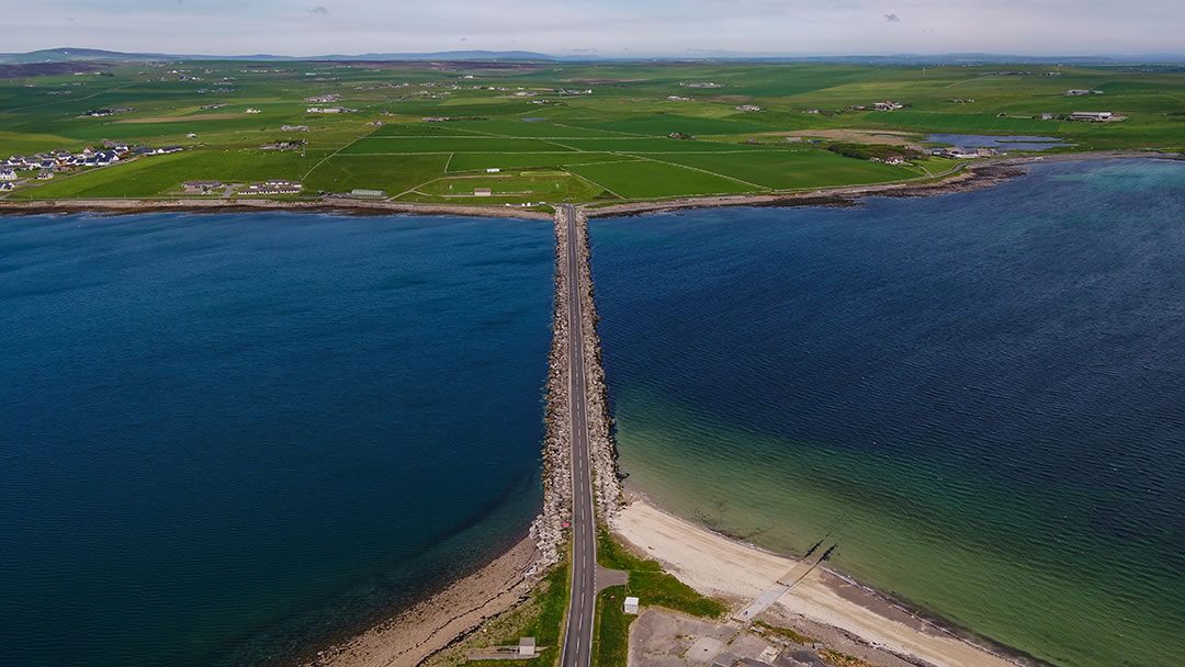 The Churchill Barriers in Orkney, viewed from the air