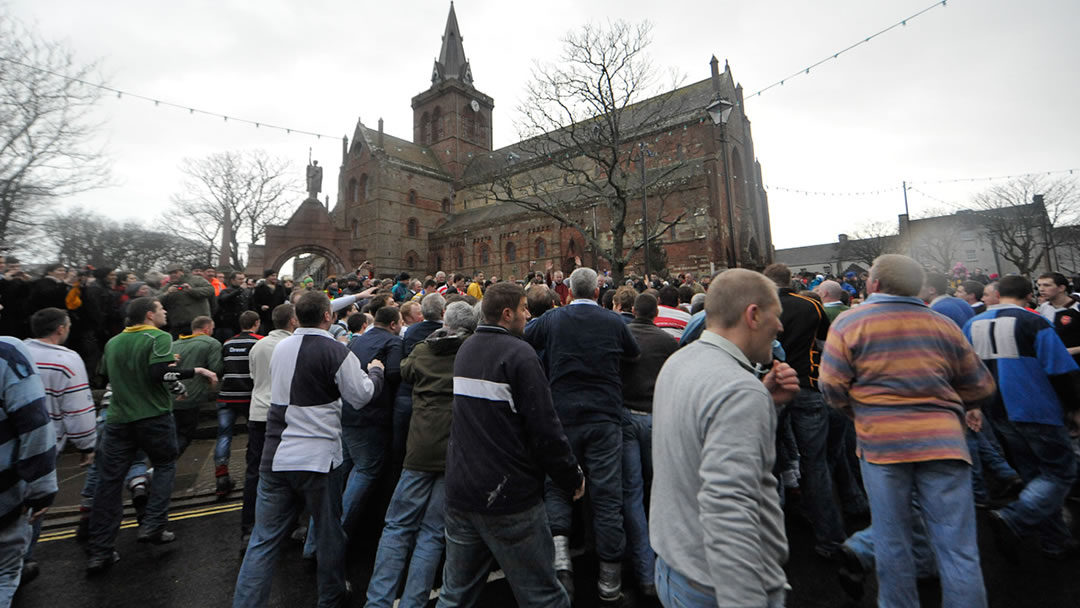 The Ba’ game under St Magnus Cathedral in Kirkwall, Orkney