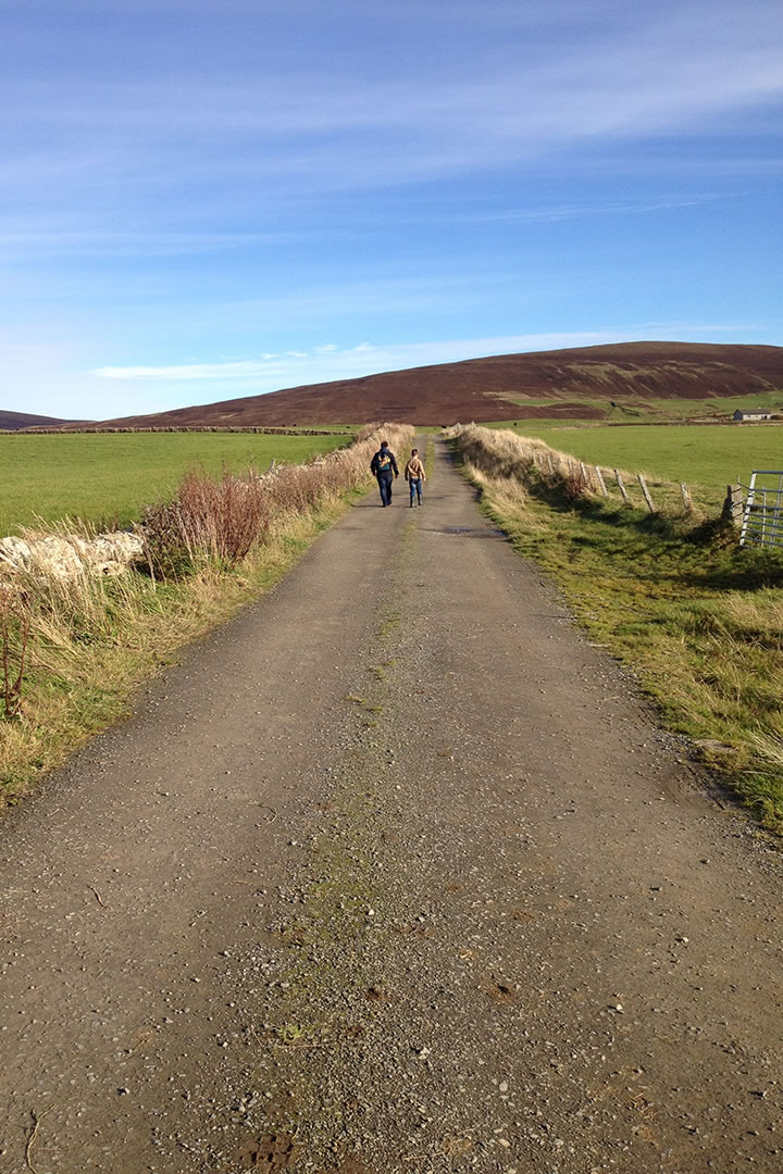Starting the walk to the Knowes of Trotty in Orkney