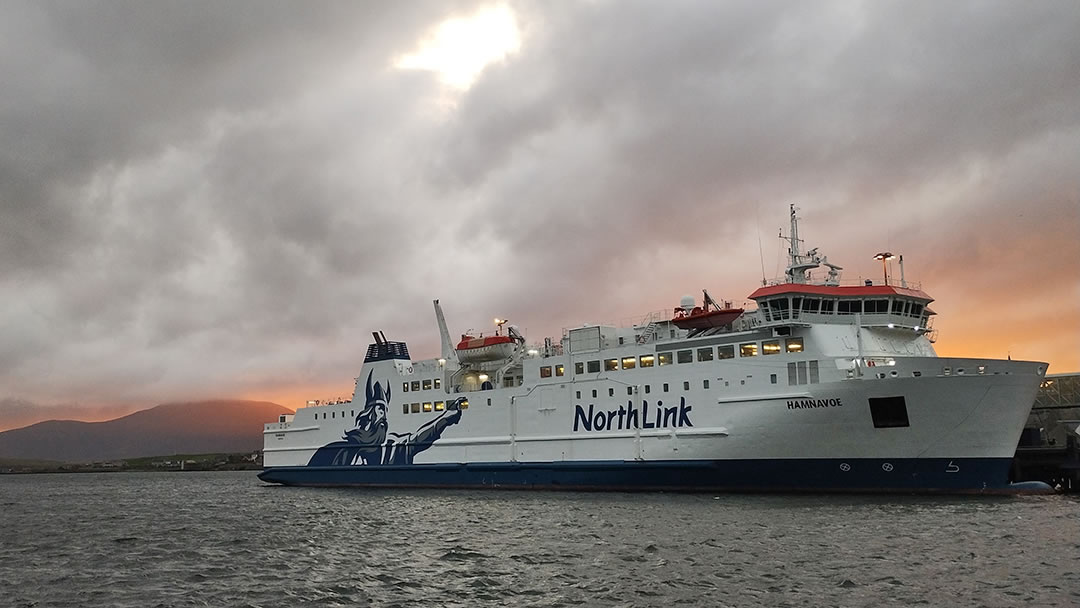 MV Hamnavoe tied up in Stromness, Orkney in the evening