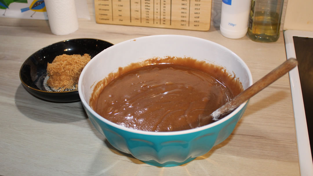 Orkney Fudge Chocolate Brownie mix in a bowl with grated fudge behind