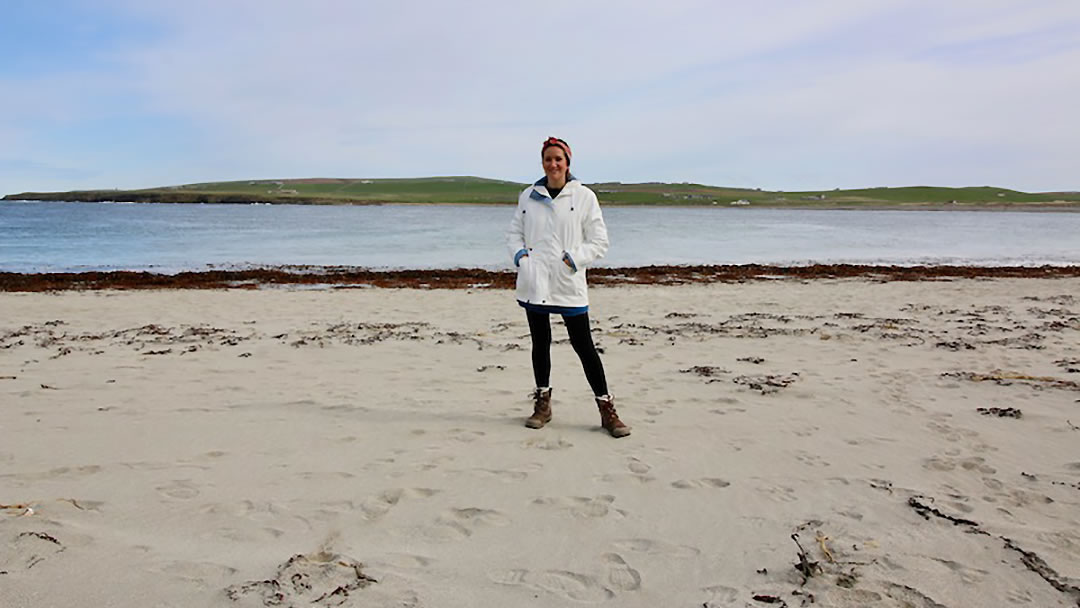 Monica at Skaill Beach in Orkney