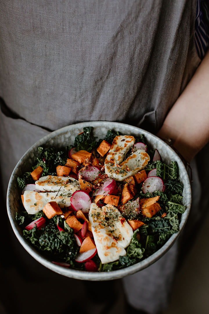 Warm Cavolo Nero Sweet Potato and Halloumi Salad