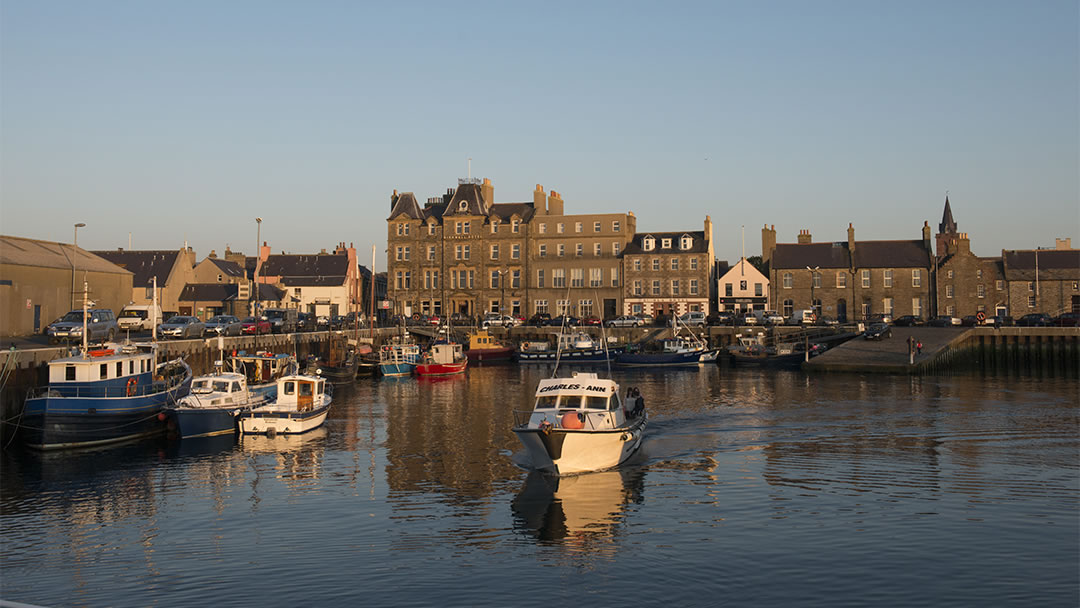 Kirkwall harbour, Kirkwall Hotel, St Ola Hotel and Helgi's