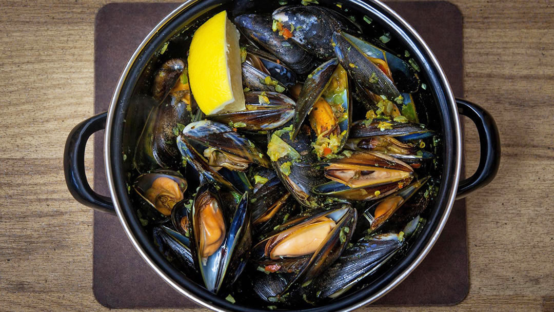 Mussels in pot at Frankies Fish and Chip Shop, Shetland photo
