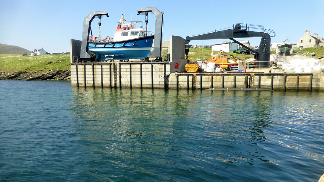 The Foula Ferry is safely kept out of the water by this boat lift