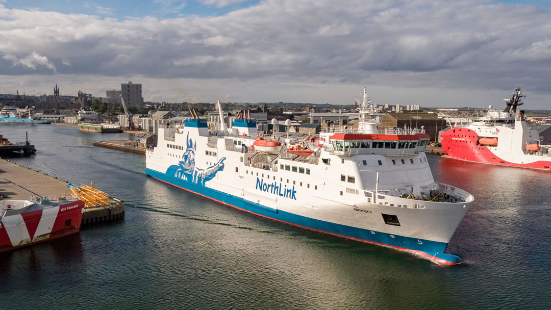 MV Hrossey leaving Aberdeen and sailing to Shetland and Orkney