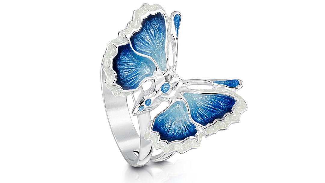 Sheila Fleet Holly Blue Butterfly Enamel Cocktail Ring - ER286-HOLLY